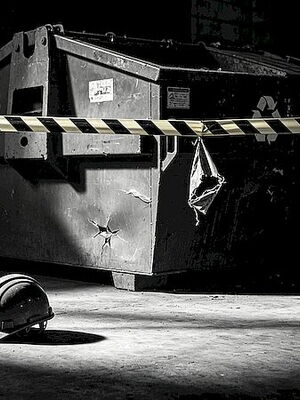 Symbolbild mit KI-generiert, Container für Industrie, Helm auf Boden, Schwarz-Weiss