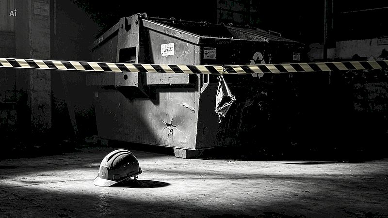 Symbolbild mit KI-generiert, Container für Industrie, Helm auf Boden, Schwarz-Weiss