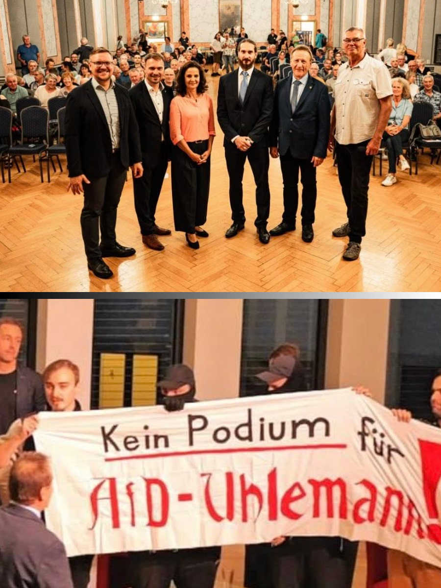 Teilnehmer der Diskussionsrunde des Freiberger Forums und vermummte Störer beim Wahlforum der TU Bergakademie Freiberg